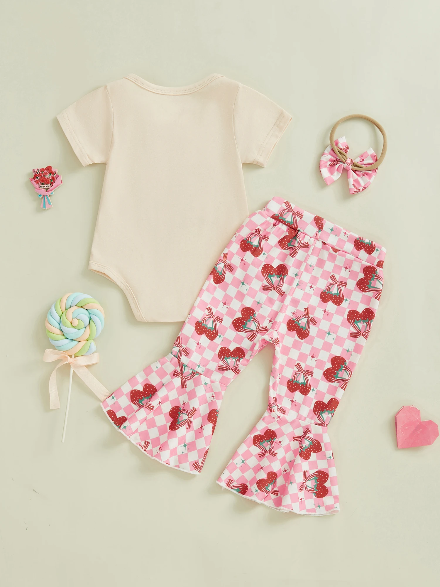 Baby Girl's Initial Towel Embroidered Cherry Pattern Full Print Short Sleeve Set with Headband Infant Clothing Accessory