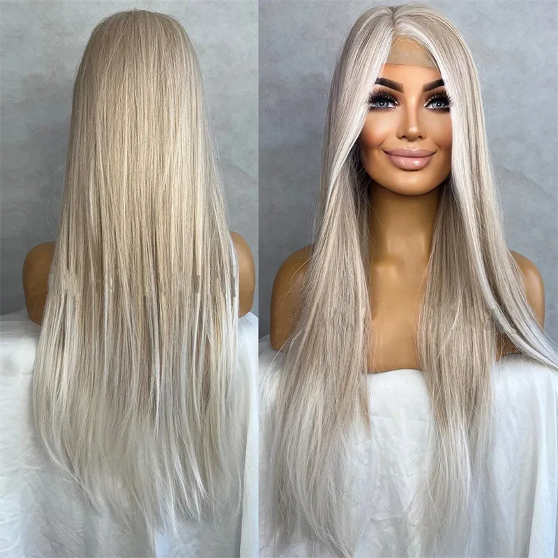 Synthetic Lace Frontal Wig Pre Plucked Ready to Wear 13x4 Ombre Honey White Blonde Glueless Straight Lace Front Wig for Women