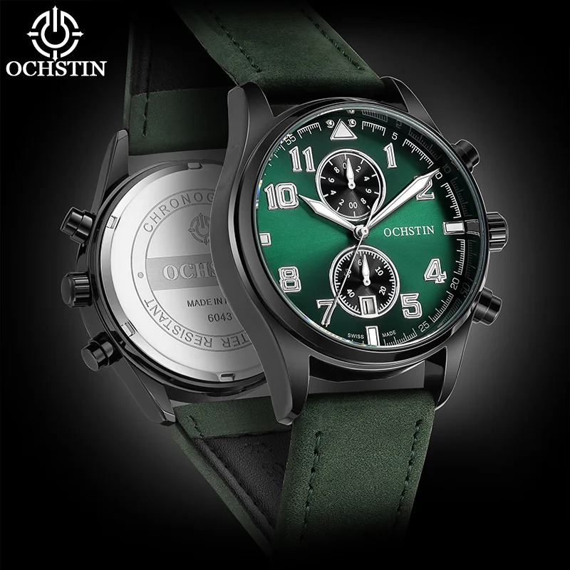 OCHSTIN Man Tactical Heavy-duty Pilot Timepiece Built Robust Case Frame Comfy Breathable Leather Wristband Quartz Watches