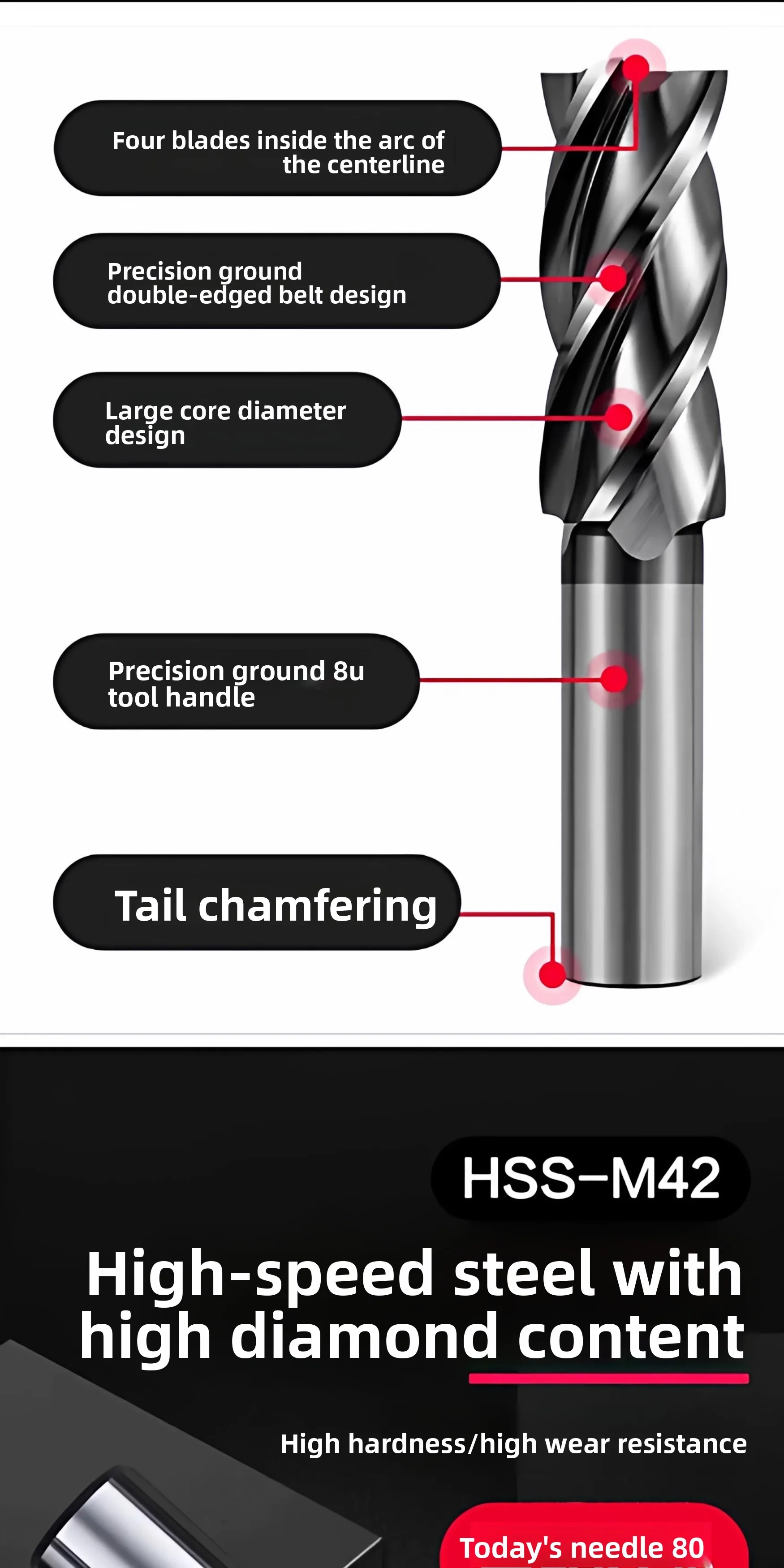 4-Schneiden-Schaftfräser aus weißem Stahl mit hochkobaltbeschichteter, superharter Spitze für Edelstahl, CNC-Fräser – Detail 6