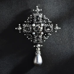 Baroque Style Gray Pearl Cross Brooch Women Men Rhinetone Gometric Brooches Pins For Suit and Dress Jewelry Gifts