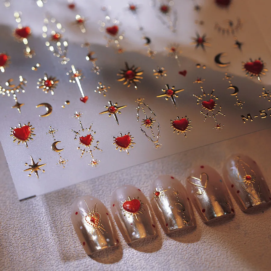 Light Luxury Romantic Gold Heart Nail Stickers Star Moon Festive Self Adhesive Premium Glossy Vinyl for Women Party