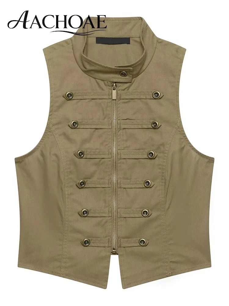 AACHOAE Women's Utility Zip Front Vest Military Style Sleeveless Stand Collar Fitted Waistcoat Casual Streetwear Y2K Top