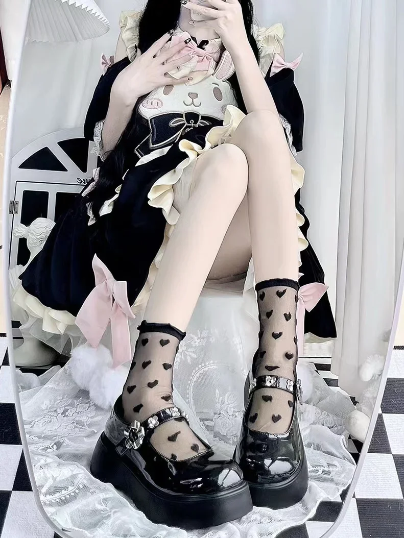JK Lolita Girls Cute Transparent Mesh Crew Socks Women Sweet Ruffled Lace Trim Cute Love Heart Pattern Anime Princess Hosiery image 4