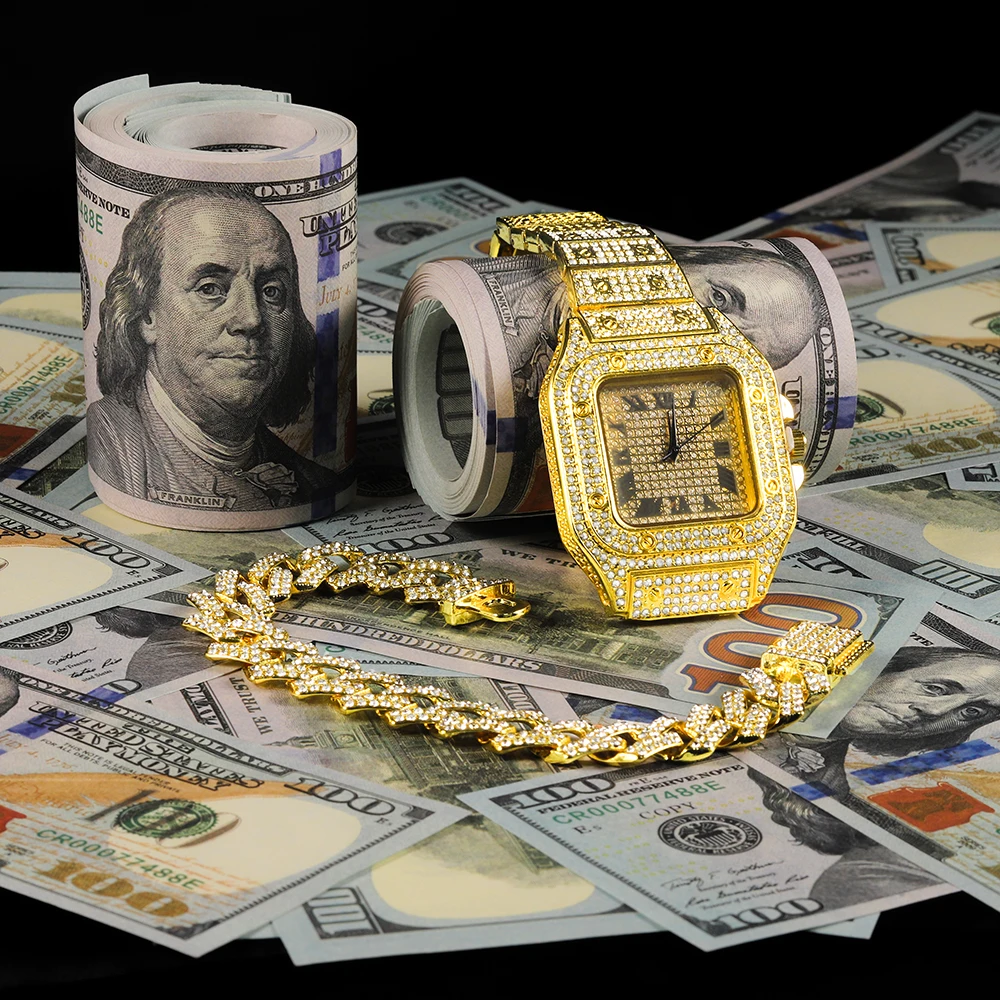 Iced Out Bracelet+Watch Set High Quaility Miami Cuban Chain Exquisite Jewelry Hip Pop Street Style For Men Women Daily Wear