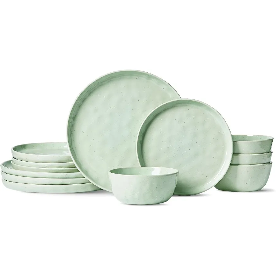 

Mars Plates and Bowls Set 12 Pieces Dinnerware Sets Dishes Set for 4 Light Green