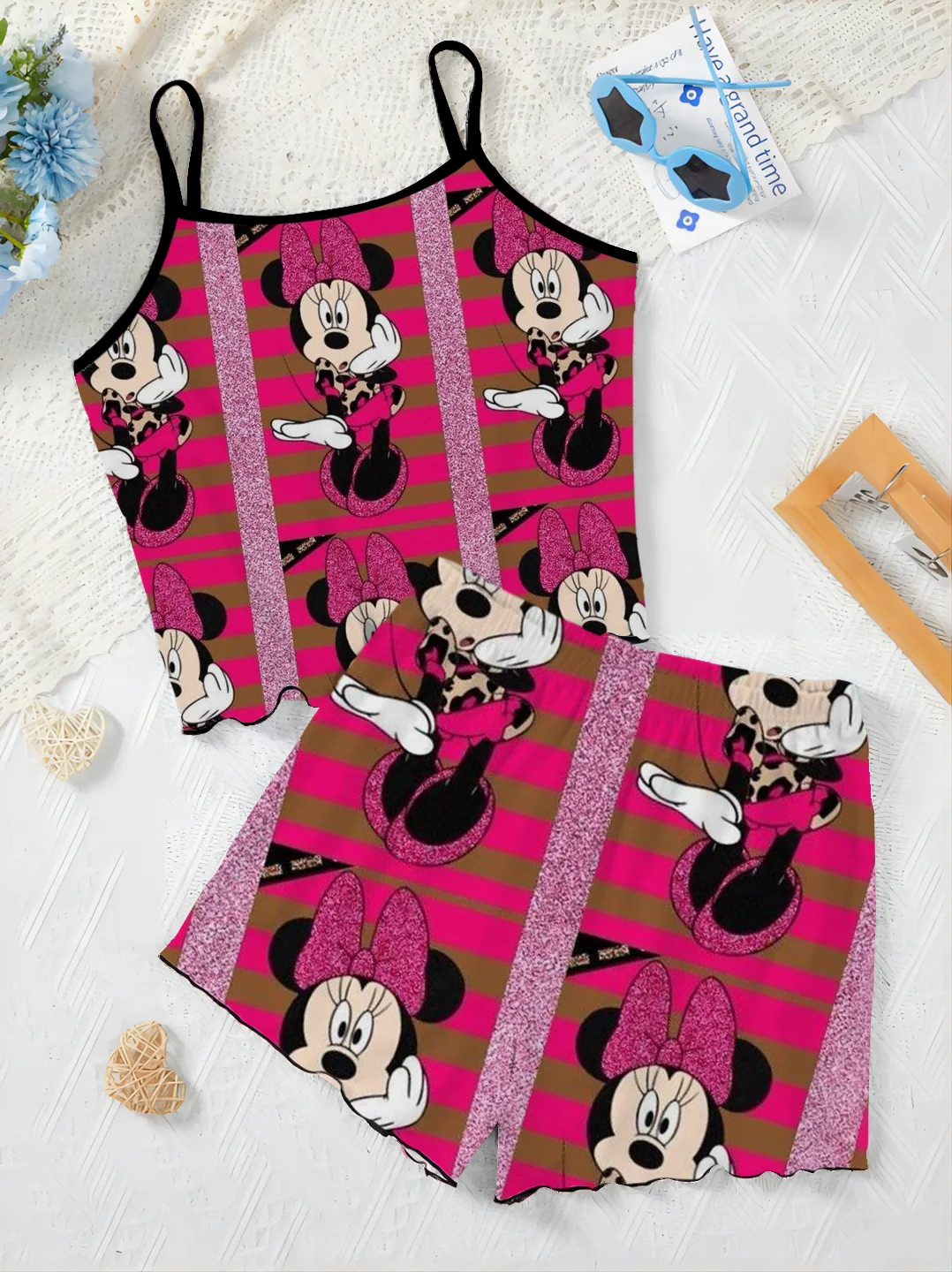 Short Sets for Women 2 Pieces Minnie Mouse Lettuce Trim Mickey Women's Suit Disney Slip Dress Pajama Skirt T-shirt Top Elegant