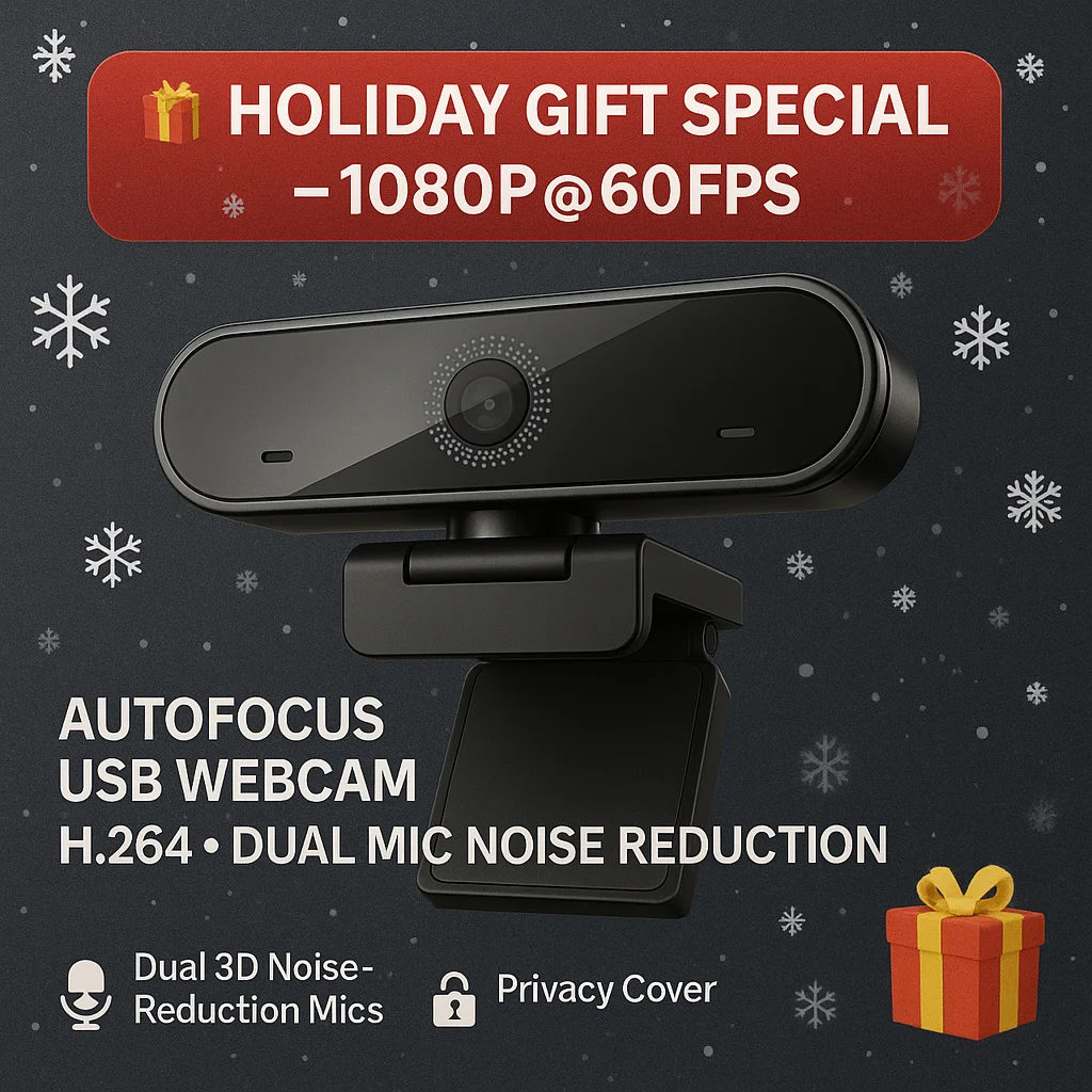 

60FPS Business Conference Webcam,Autofocus with HDR,Dual Noise-Canceling Microphones,Privacy Cover,H.264 USB Plug&Play