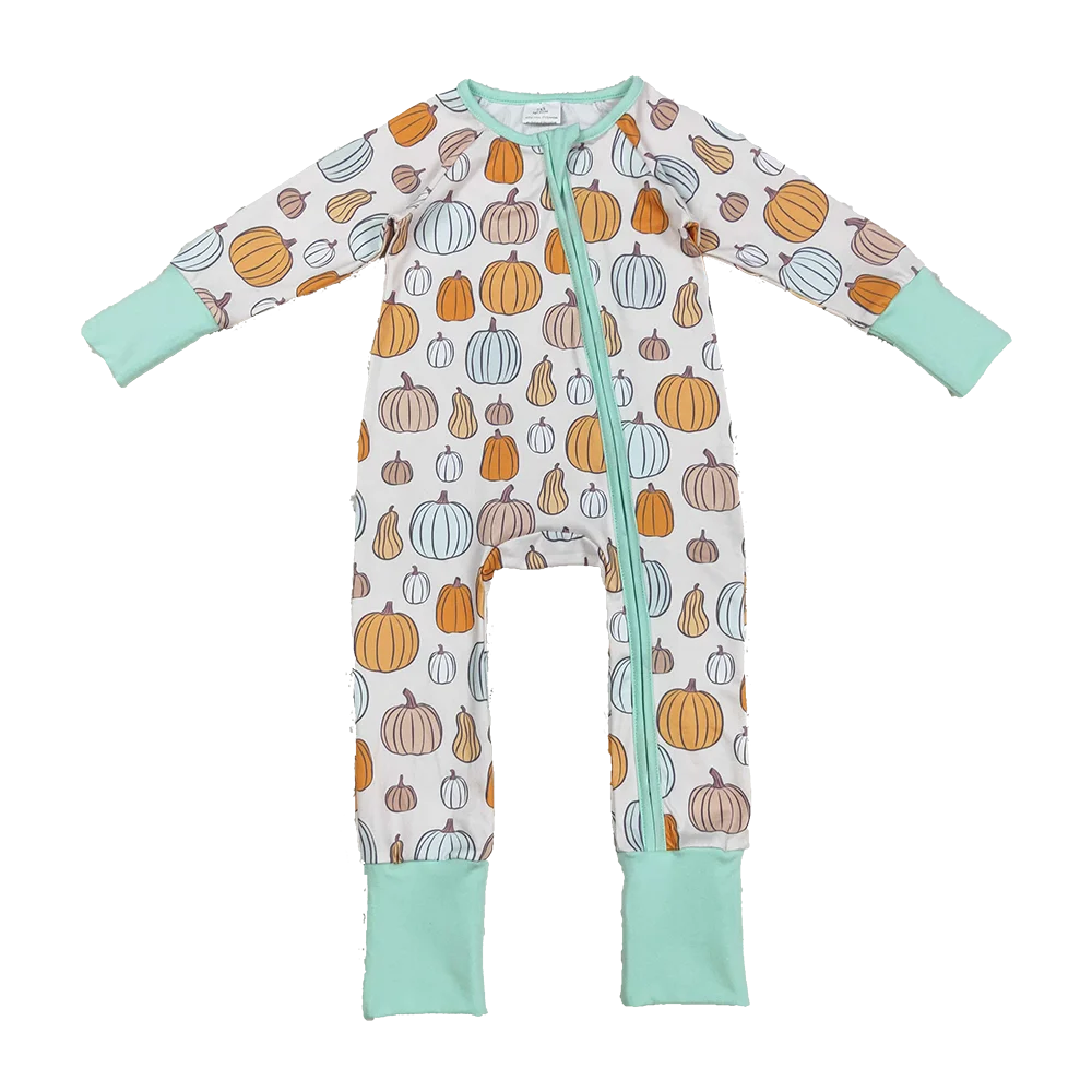 

8.30 Baby Winter Rompers Baby Boys Green Pumpkins Fall Zipper Footie Rompers