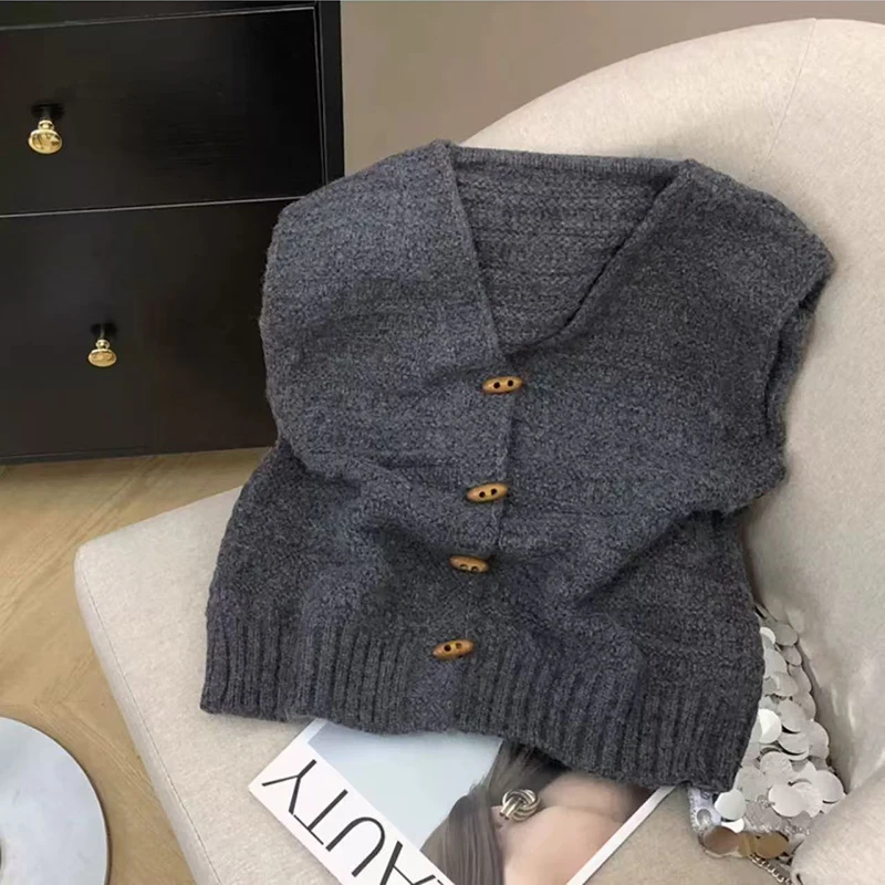 

Японский вязаный жилет без рукавов, женский осенний новый однобортный укороченный свитер с v-образным вырезом, модный однотонный офисный женский кардиган, топы