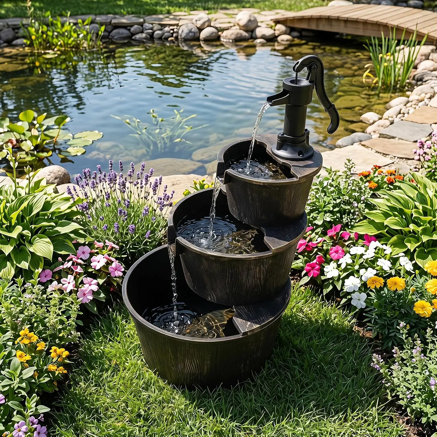 ^3-Tier Barrel Waterfall Fountain with Electric Pump, 37'' | Outdoor Rustic Water Fountain, Vintage Bronze Finish, Decorative