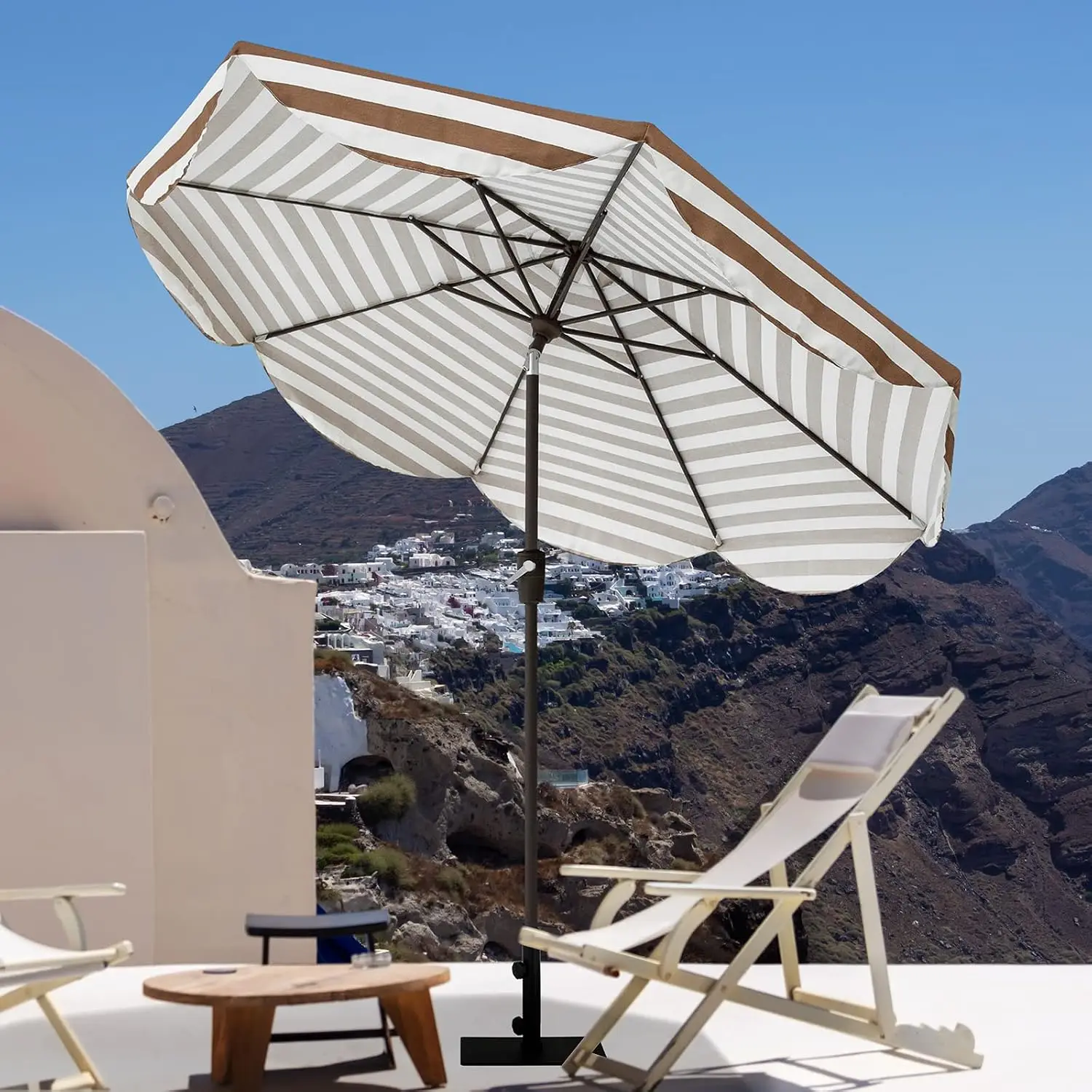 9ft Auto Tilt Patio Umbrella (Khaki Stripe) | Scalloped Outdoor Umbrella, Fade Resistant Canopy, 8 Sturdy Ribs, Luxurious Vintag