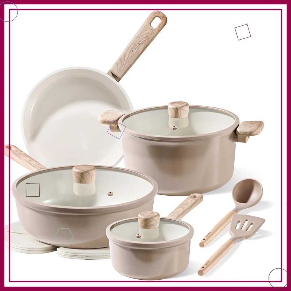 

12-Piece Ceramic Non-Stick Cookware Set, PFAS/PFOA Free, Healthy Kitchen Pots and Pans in Taupe