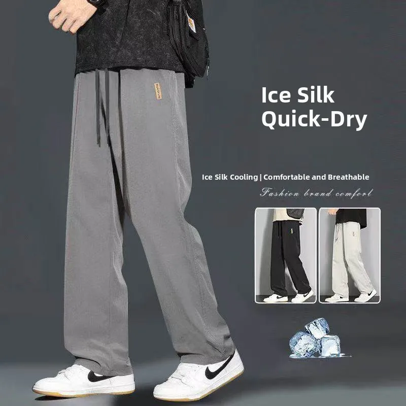 

New Men's Ice Silk Straight Leg Sports Pants Quick Dry Lightweight Summer Casual Trousers Loose Fit Fashionable Loose Leggings