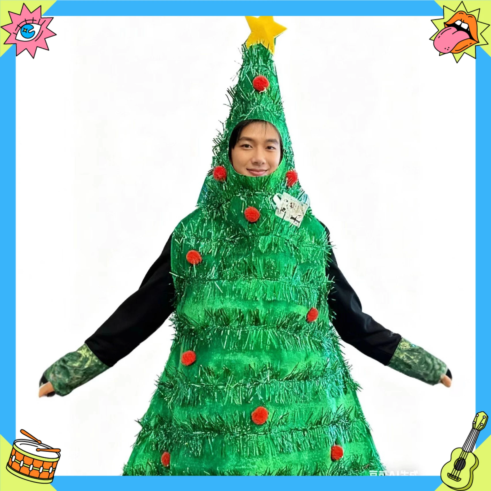 

Christmas Tree Costume for Adults Funny Xmas Party Dress with Decorations Sparkly Green Jumpsuit
