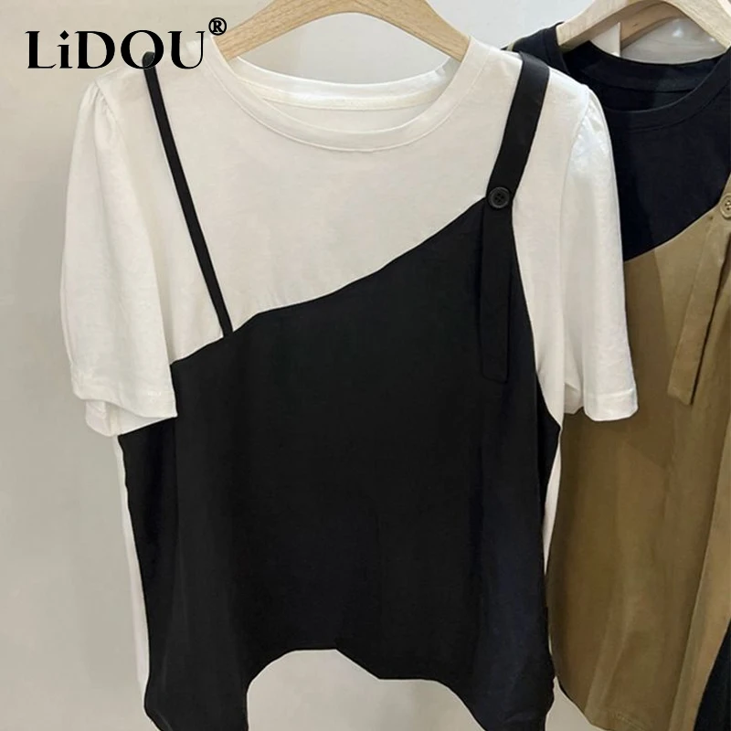 Summer New Loose Plus Size Fake Two Pieces T-Shirts Women Round Neck Short Sleeve Sling Tees Ladies Casual Asymmetrical Tops