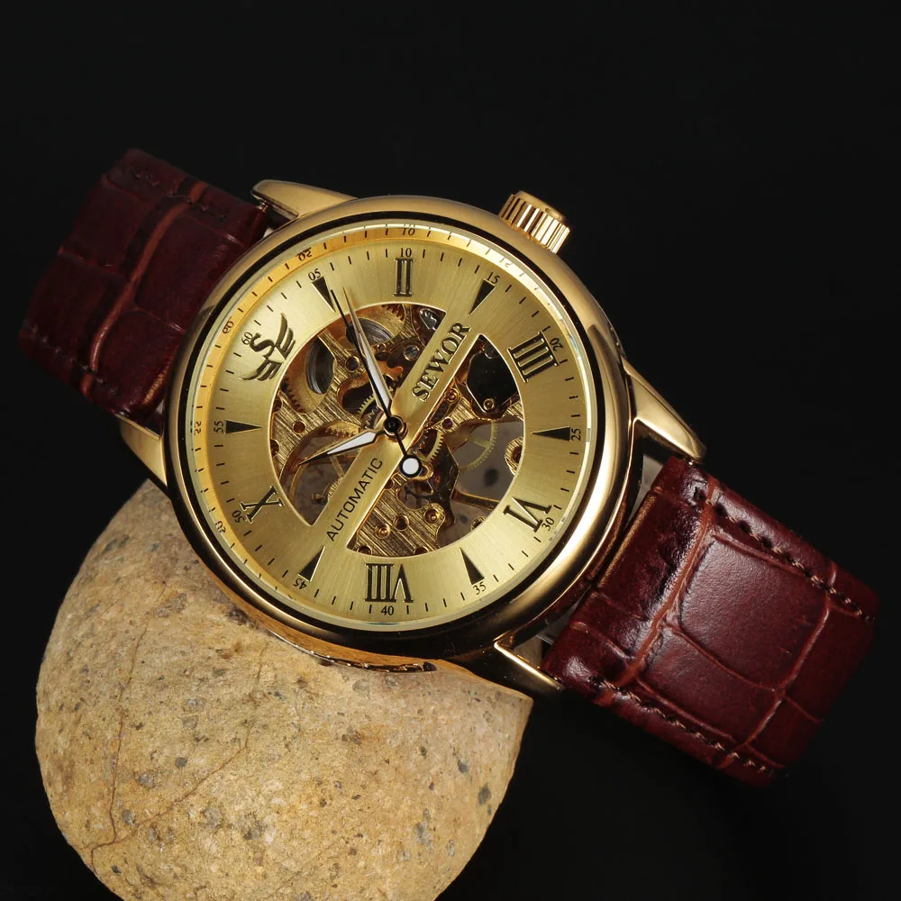 2023 Sewor Watch Men Gold Skeleton Watches Leather Band Mechanical Hand Wind Wristwatches Men Relogio Masculino Reloj Hombre