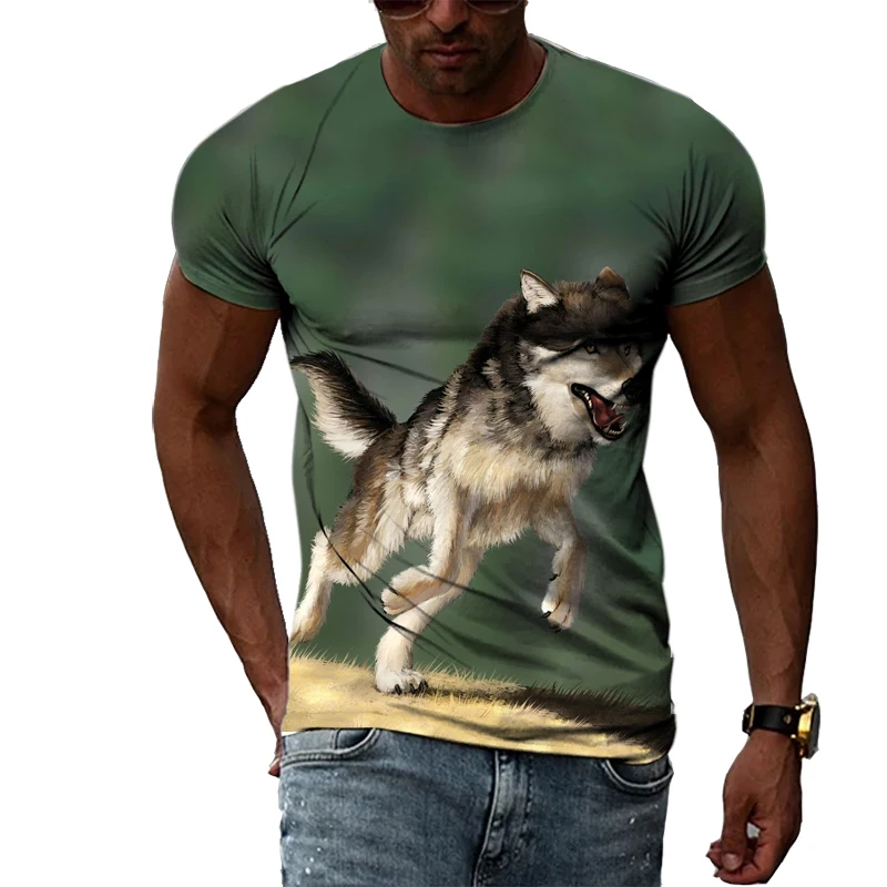 Summer Men\'s Fashion Personality T-shirt 3D Printing Ferocious Wolf Animal World Trend Street Style Round Neck Short-sleeved Top