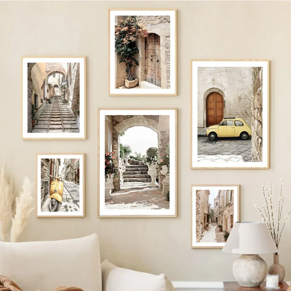 Decor Mediterranean Vintage Town Car Plant Quote Landscape Wall Art Canvas Painting Posters And Prints Picture For Living Room