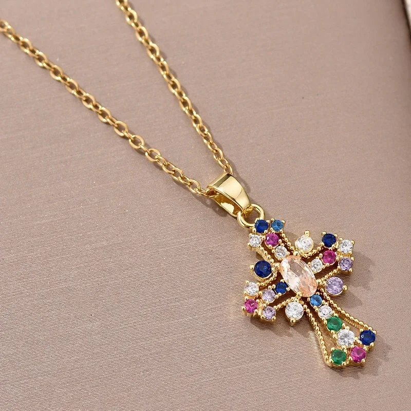 2023 New Shiny Colorful Zircon Decorated Cross Pendant Necklace Retro Palace Style Suitable for Holiday Banquet Parties