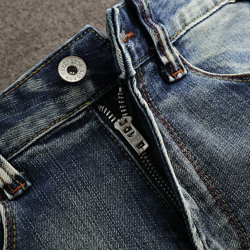 Designer Fashion Men's Jeans Retro Elastic Slim Fit Split Jeans Men's Light Blue Pants Embroidered Casual Jeans Pants Hombre