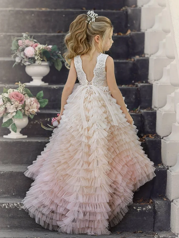 White Pink Flower Girl Dresses Tulle Lace Appliques Tiered With Tailing Sleeveless For Wedding Birthday Banquet Princess Gowns