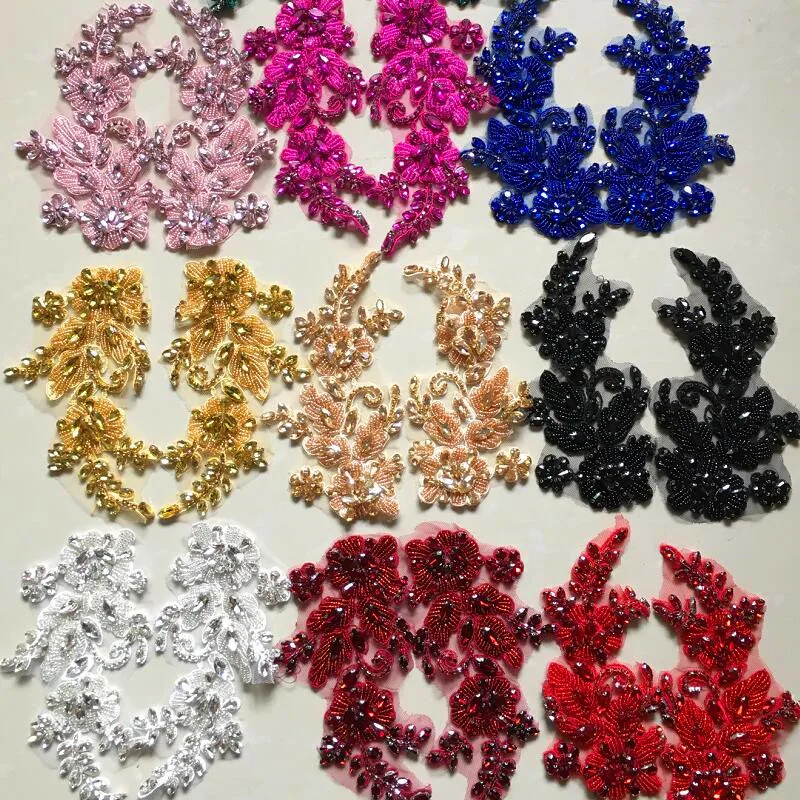 Rose Pink Glass Crystal Flower Trims In Pairs For Garments Accessory Sapphire Champagne Red Rhinestone Decorative Appliques