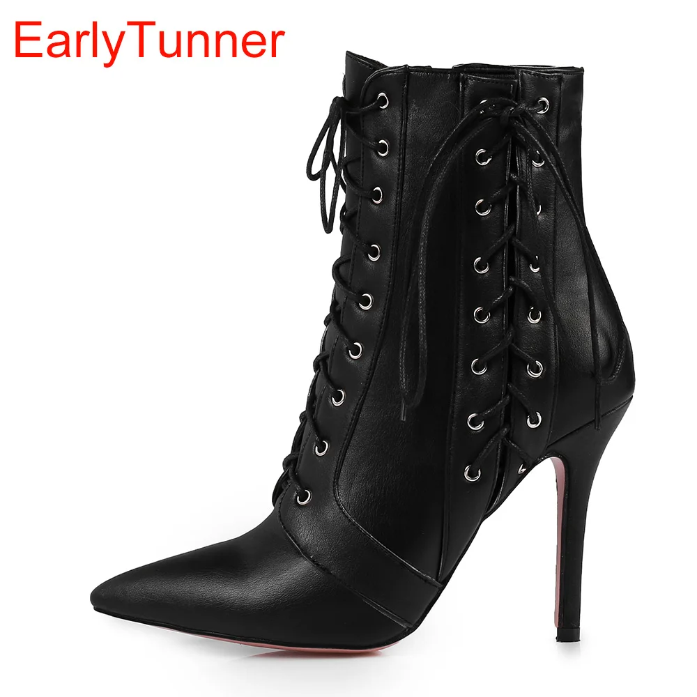 

Spring New Glamour Black Red Women Ankle Boots Pointed Toe High Stiletto Heel Lady Dress shoes Plus Big Size 12 44 47