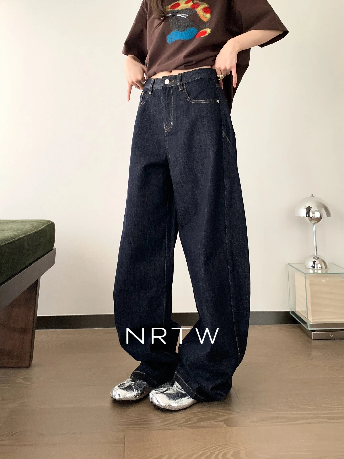 

NRTW 's Vintage Waed American Sle Side S Design Wide Leg Jeans Original Color Slimming Effect Spring Summer New