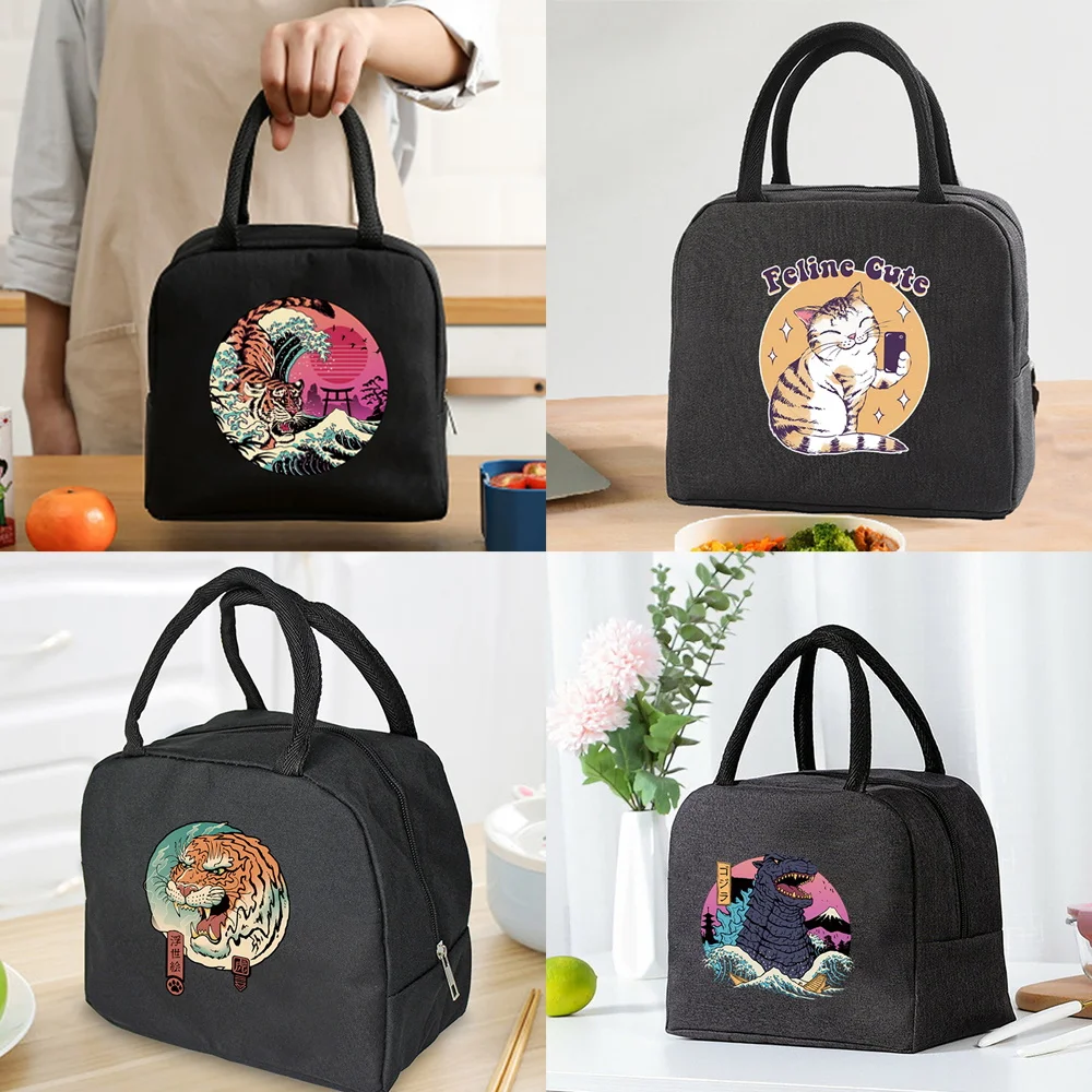 Bolsa térmica portátil de lona para el almuerzo, organizador de comida, Picnic, Unisex, con estampado de gato japonés