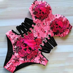 Bikini de talla grande para mujer, bañador de una pieza con estampado de calavera ahuecado, sin tirantes, cerrado, Push Up, trajes de baño