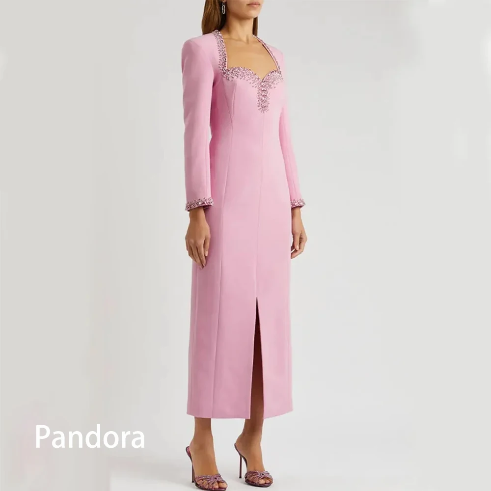 Pandora Elegant Dubai Women\'s ball dress square neck long sleeves ankle-length pink Gorgeous crystal beaded formal evening dress