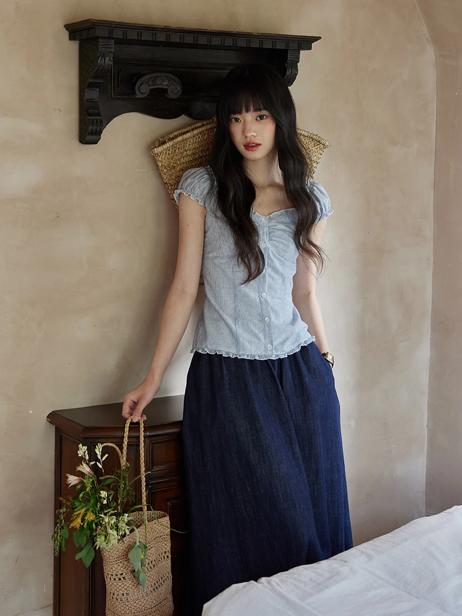 

Ele Blue Striped irt Faionable Korean Sle Slim Fit Cotton Bubble Sve Square Collar Casual irt for Young Women