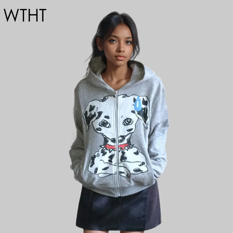 WTHT New Fashion Women's Animal Print Loose Hooded Sweatshirt 2024 Autumn Trendy Zipper Design Long Sleeves Tops Female 1LS173