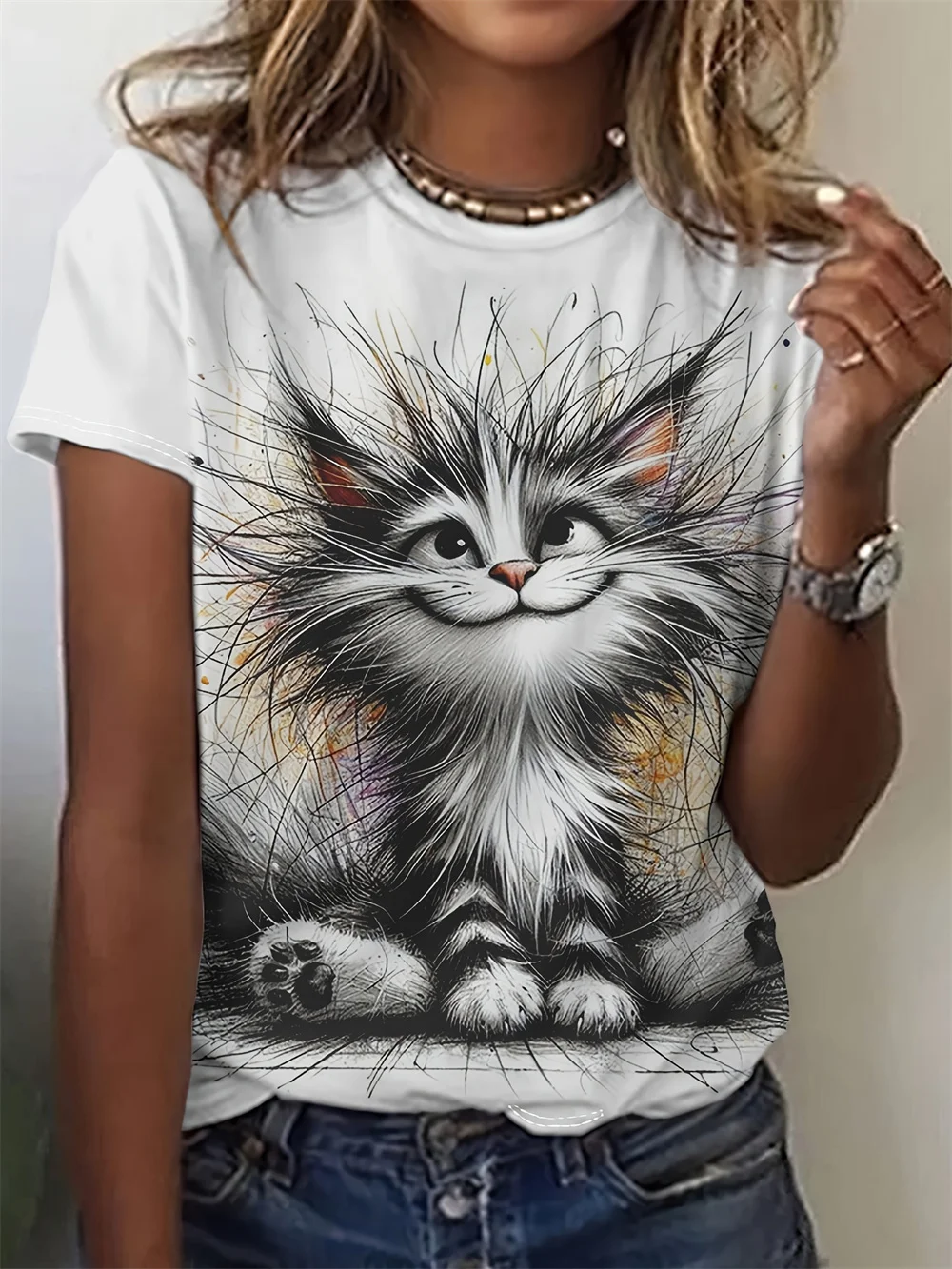 

Animal Fashion Short Sleeved Women's T-Shirt Cartoon Cat 3d Print Anime Funny Casual Top O Neck T-Shirt Women's Clothing Top Tee