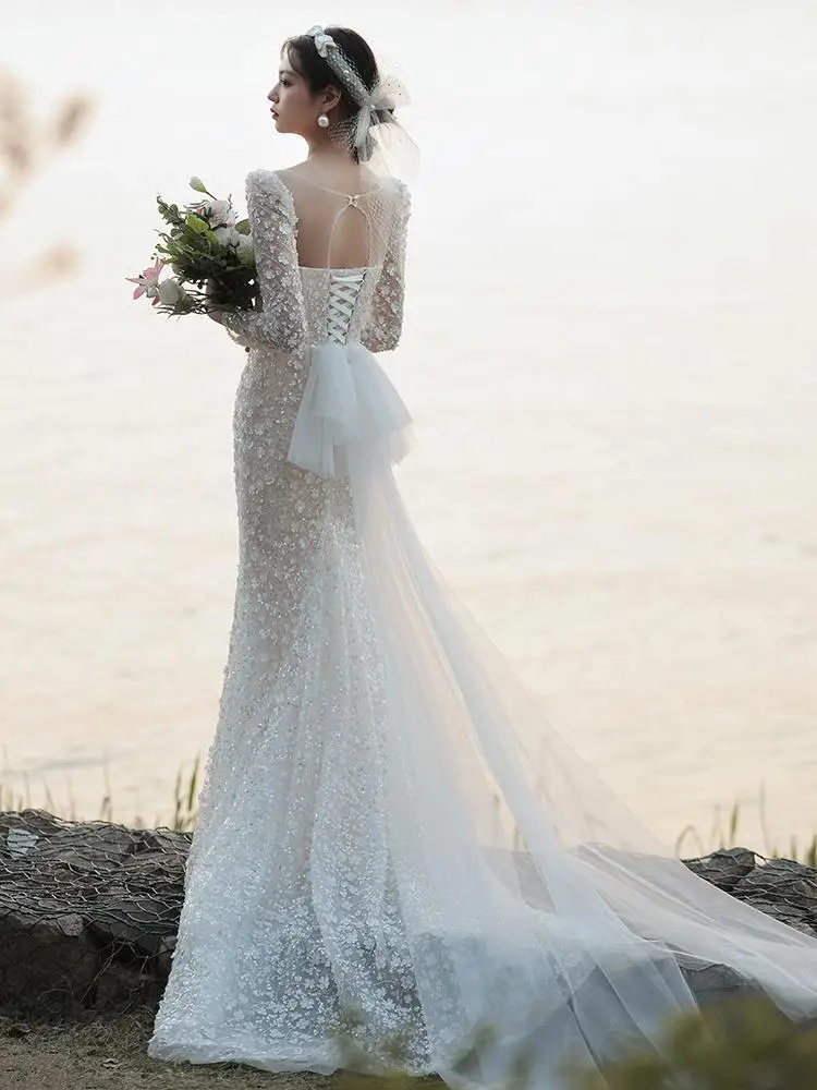 Korea Appliques Mermaid Wedding Dress Vintage Long-sleeve Beading Flowers Wedding Gowns Stunning Sweetheart Formal Dress