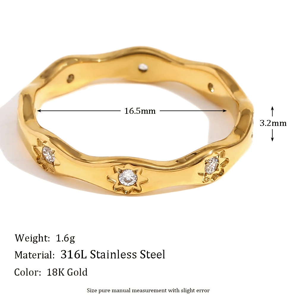 E.B.belle Strass Acht Awn Ster Golfvorm Ring Roestvrij Staal 18k Vergulde Prachtige Vrouwen Sieraden Voor Party Dating