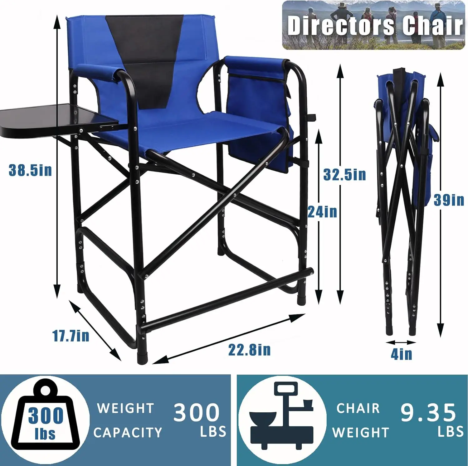 Cadeiras dobráveis de acampamento com mesa lateral e apoio para os pés, cadeiras altas, cadeiras maquiadoras, portáteis