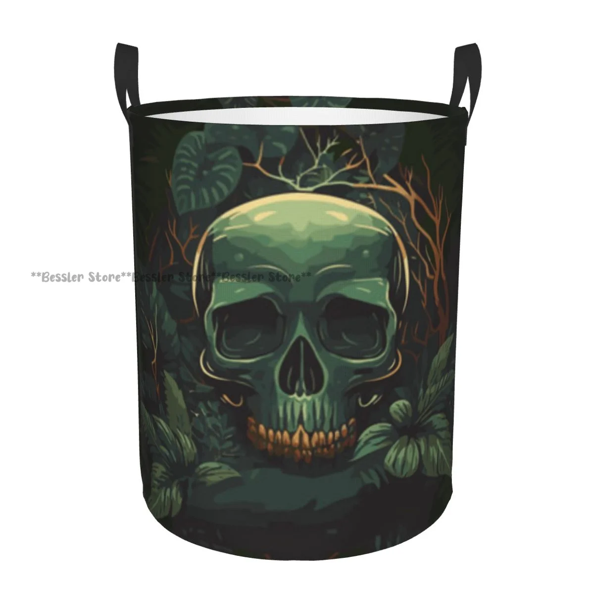 Laundry Basket Tropical Skull Head In Floral Jungle Round Storage Bin Collapsible Hamper Clothes Bucket Organizer