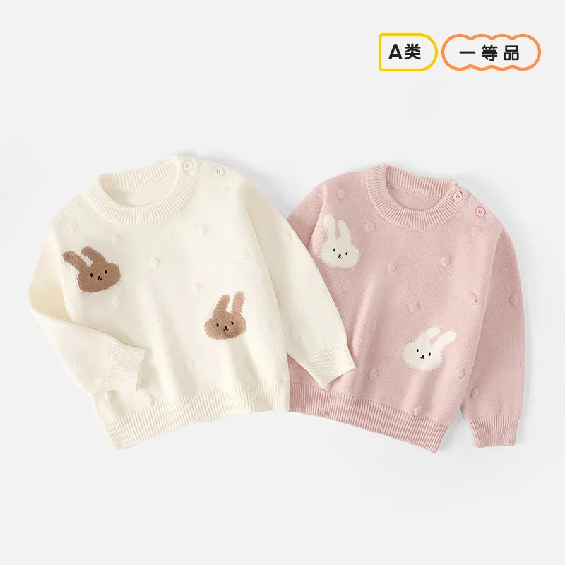 

Girls' Spring Autumn Long Sleeve Knitted Sweater Solid Color Rabbit Pattern Pullover Kids Soft Cotton Casual Top Daily Wear