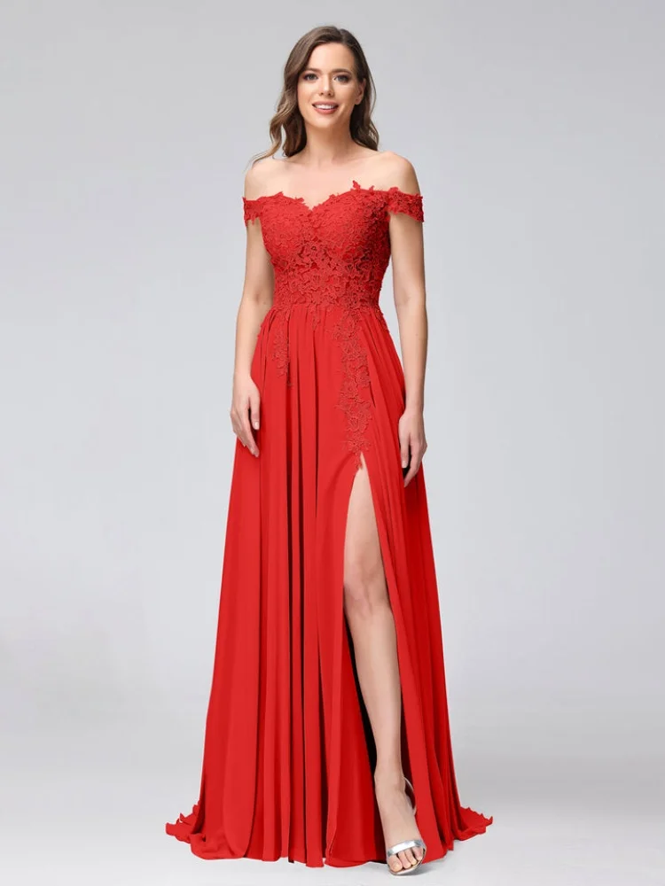 Chiffon Off-The-Shoulder A-Line Appliqued Long Bridesmaid Dresses Zipper Backless High Slit Elegant Evening Dresses for Wedding