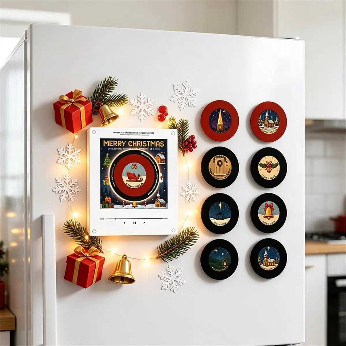 Christmas Automatic Singing Magnetic Fridge Magnet Night Light Induction Xmas Refrigerator Magnetic Disc Rotary Disc