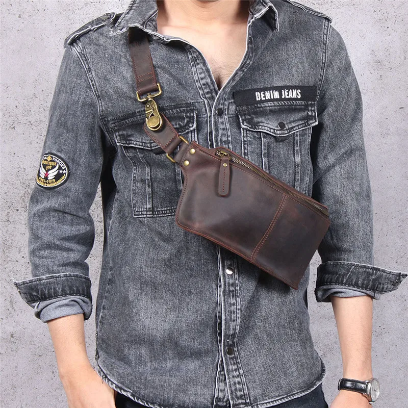 Vintage multifunctional genuine leather men chest bag crazy horse cowhide waist pack outdoor sports small shoulder crossbody bag