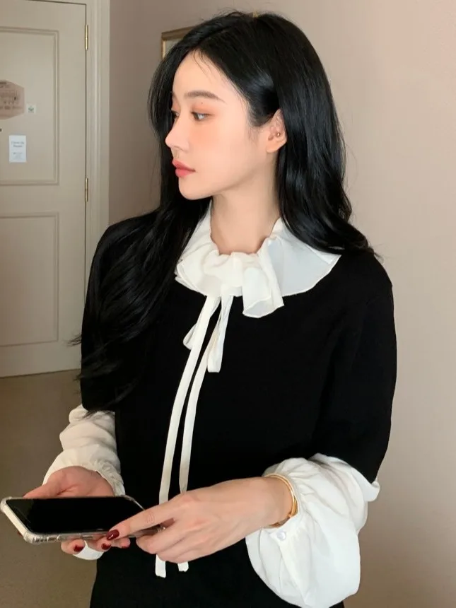 

Chic Early Spring Lotus Le Bow Tie ort Sve Knitted Base irt Women's Faion French Sle Polyester Fiber