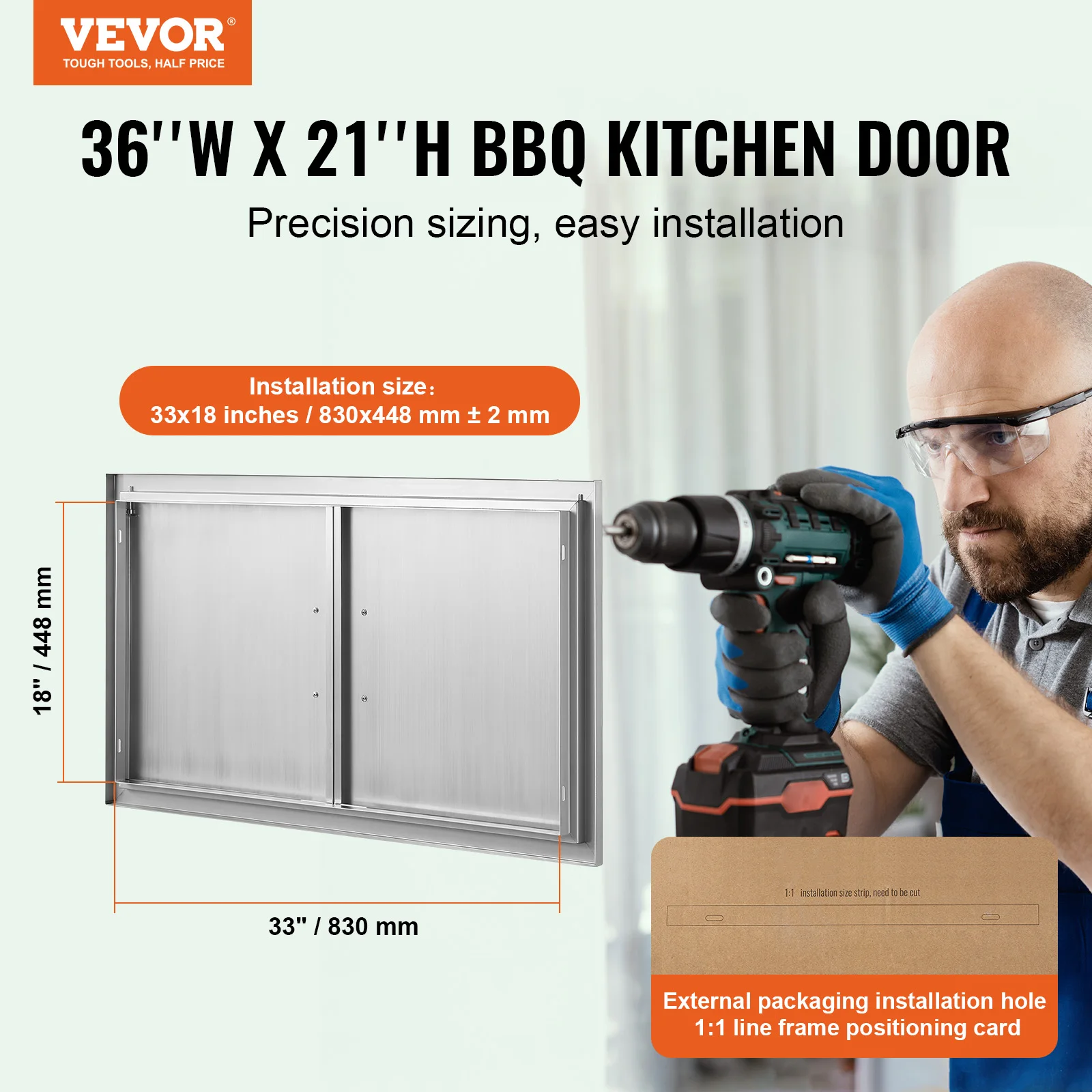 VEVOR BBQ Access Door 36Wx21H Inch Double Outdoor Kitchen Door Stainless Steel Flush Mount Door Wall Vertical Door with Handles