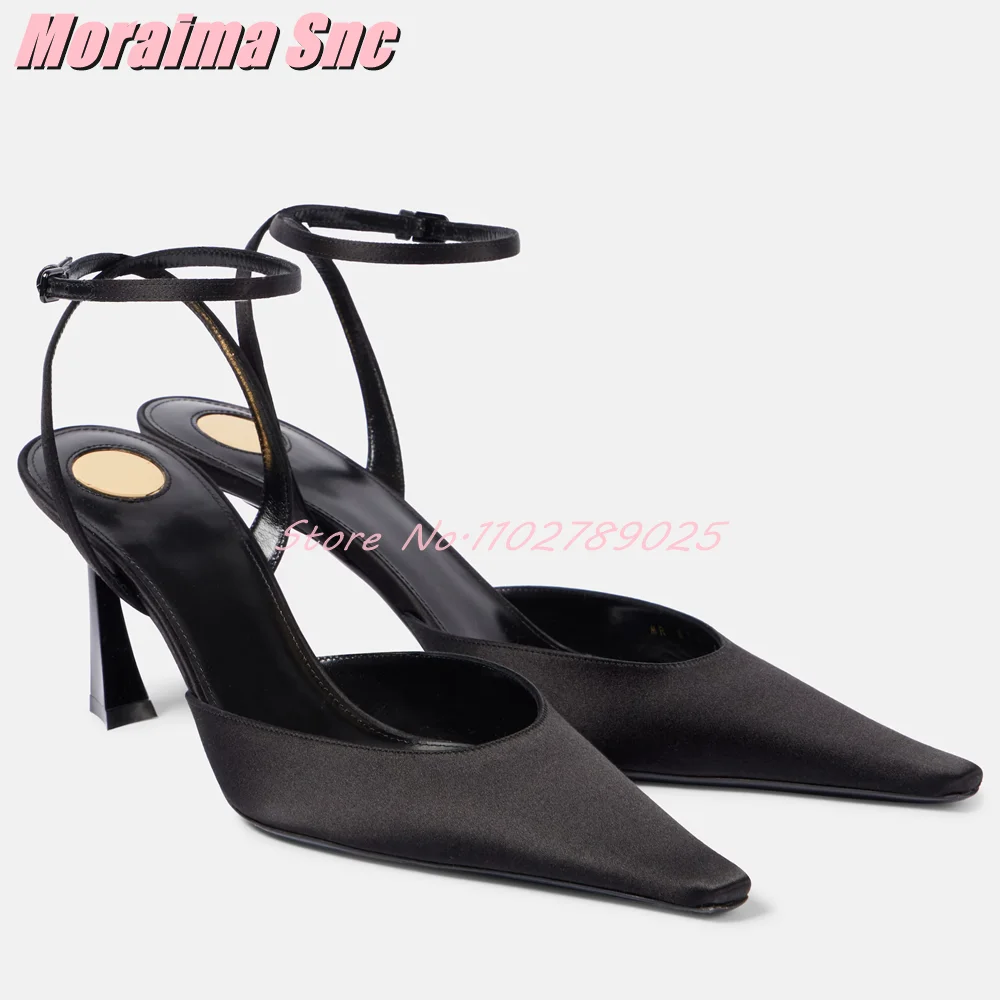 Satin Pointed Toe Ankle Buckle Sandals Stiletto High Heels Sexy Fashion Women's Dress Shoes Summer Banquet Party Black Solid New