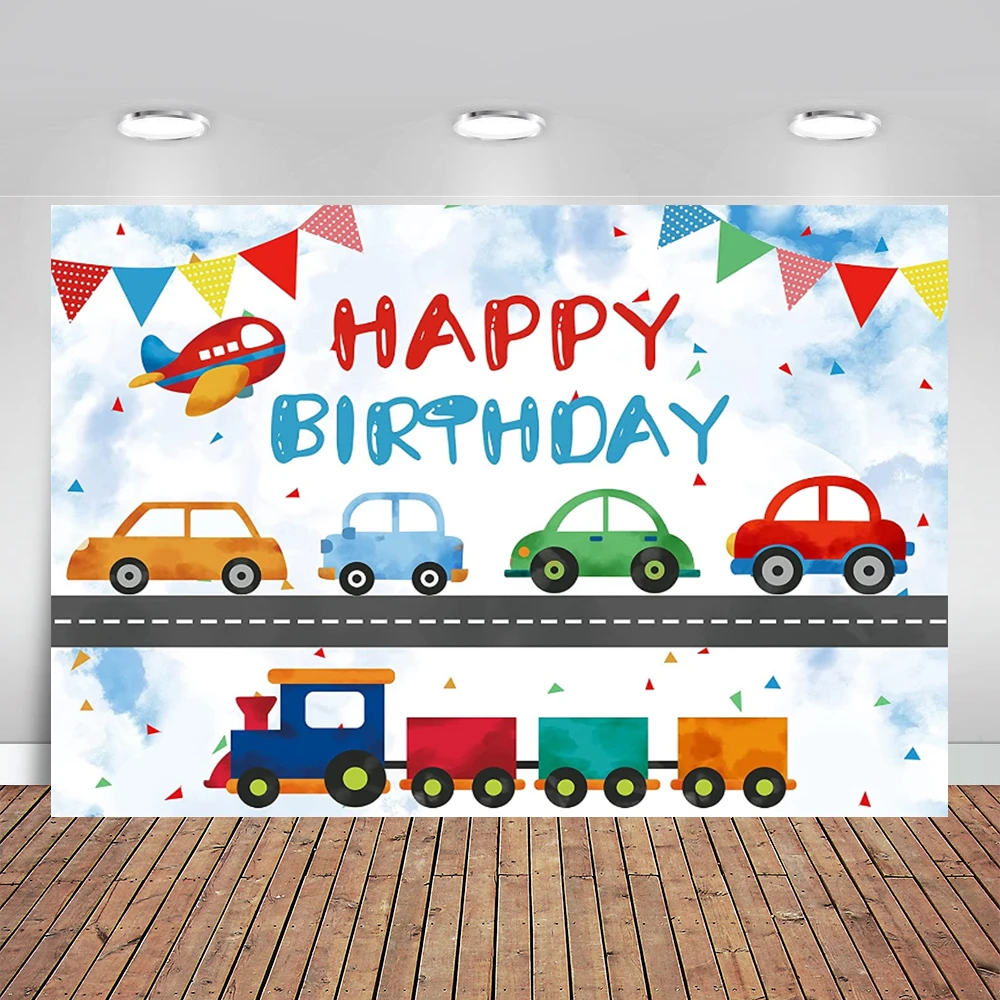 

Transportation Birthday Party Backdrop Automobile Train Planes Car Boy Happy Birthday Photography Background Cake Table Banner