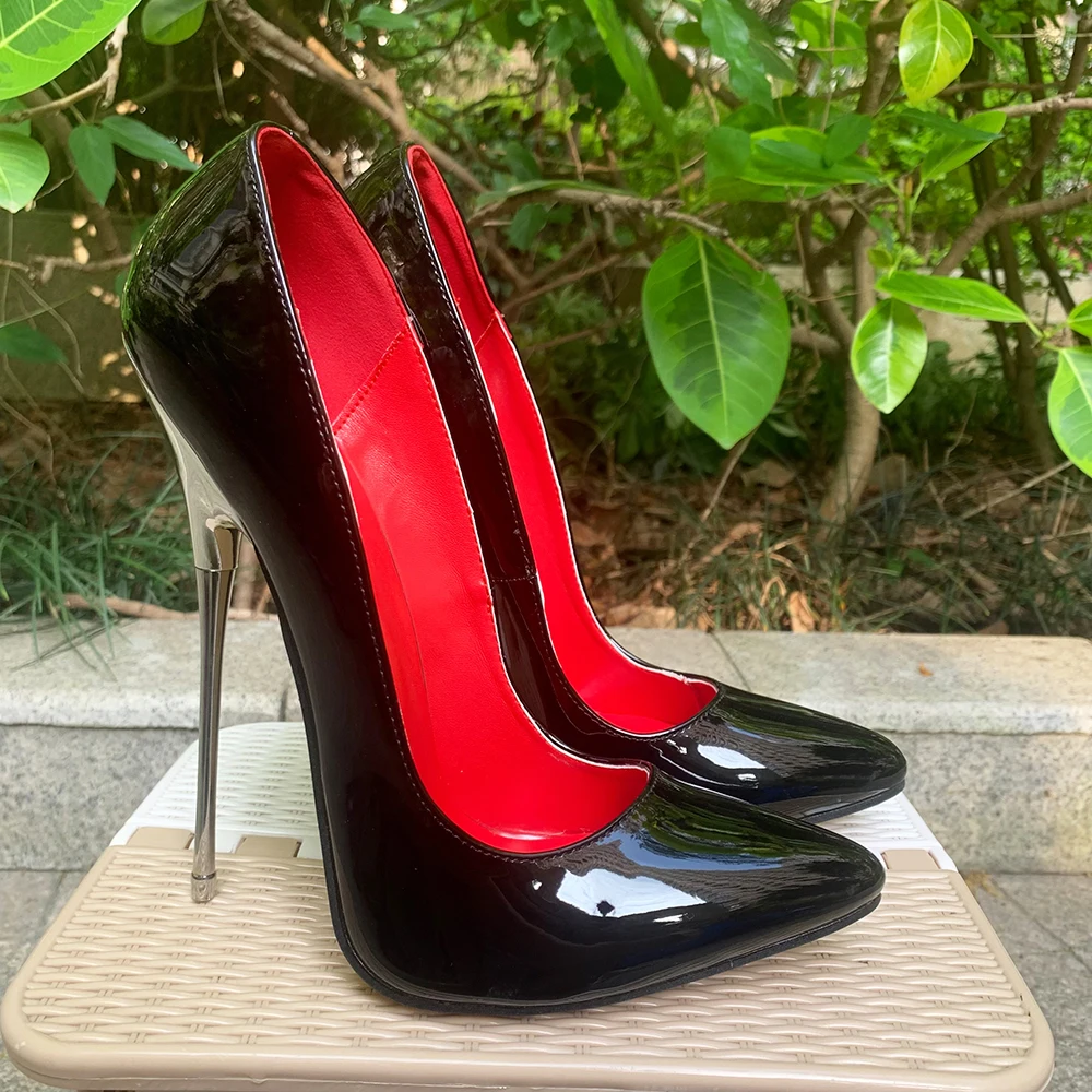 Pumps 16cm Extreme Metal High Heels Black Red Inside Sparkle Plated Heel Stilettos Sexy Fetish Model Customize Unisex Shoes