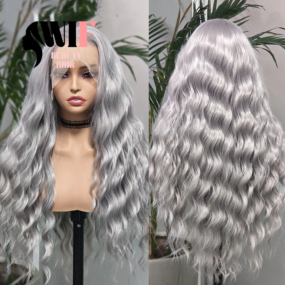 

WIF Серебристо-серый свободный волнистый синтетический парик шнурка Серые волосы Объемная волна Парики фронта шнурка Натуральные волосы Тепловое волокно Косплей Ежедневные волосы