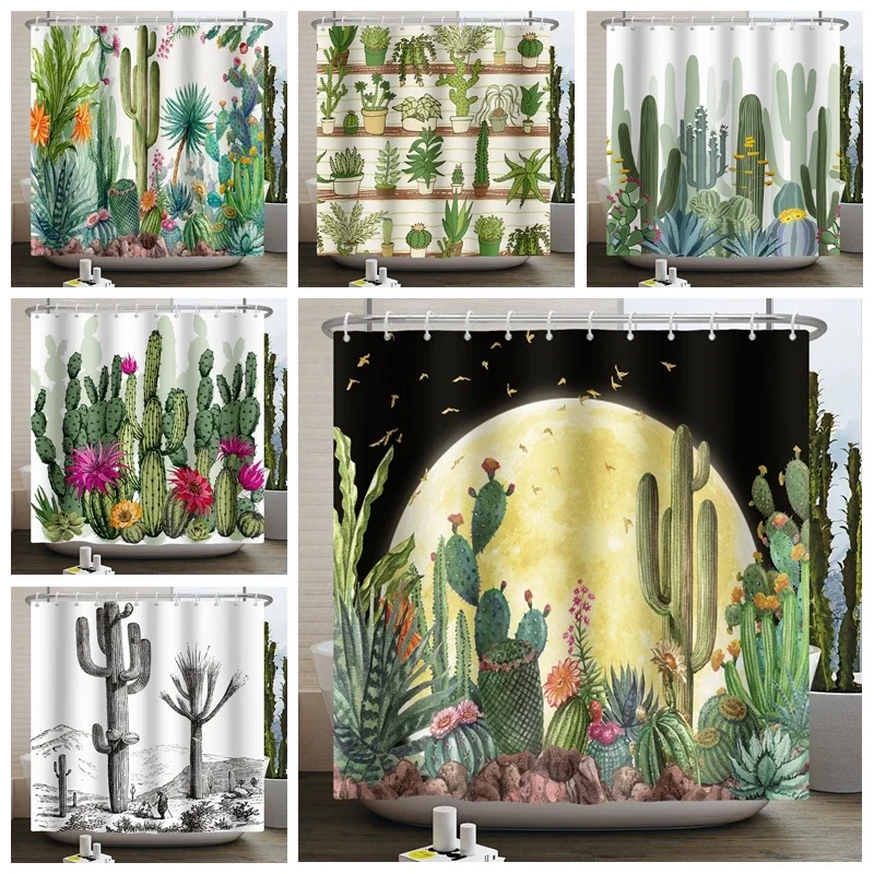 Green Plant Cactus Shower Curtain Tropical Botanical Flower Bathroom Shower Curtains Waterproof Fabric Bath Curtain Home Decor